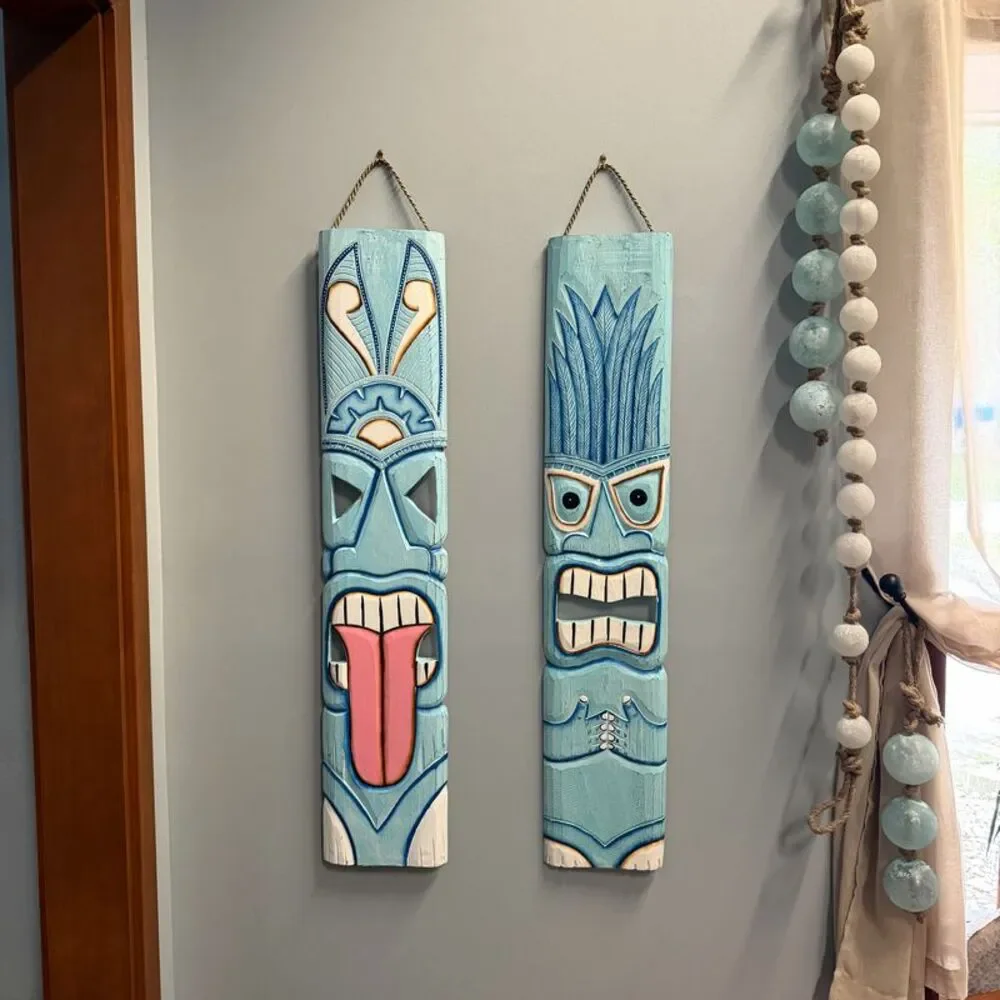 Set of 2 Aqua Tiki Wall Plaques Hand Carved Wood 39 Inch Tall Coastal Decor